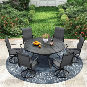Outdoor Patio Dining Set - 53” Round Table with Umbrella Hole + 6 Swivel Chairs (Set of 7)