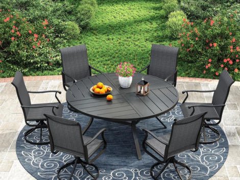 Outdoor+Patio+Dining+Set+-+53”+Round+Table+with+Umbrella+Hole+++6+Swivel+Chairs-412020302